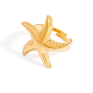 Polished 18K gold-plated starfish open ring with textured sea life design for women