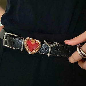 Chic black PU leather belt with red heart charm and silver buckle for jeans