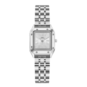 Retro square stainless steel watch with white roman dial and silver link bracelet