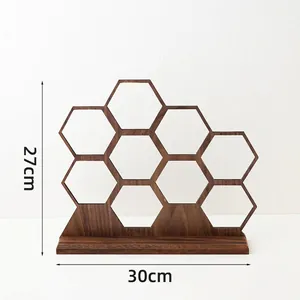 Hexagon walnut wood jewelry display stand with holes for earring organization, 27x30cm