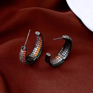 Vintage silver needle C-shaped earrings with orange green white zircon stones