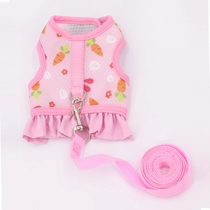 Pink mesh harness and leash set with carrot prints and frill detail for rabbits