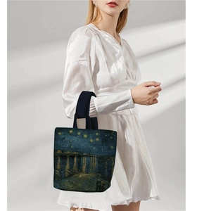 Detail of Starry Night over the Rhone oil painting print on a canvas tote bucket bag