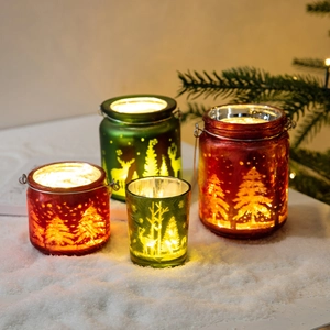 Photophores de Noël en verre avec motifs de rennes et de sapins rouges et verts