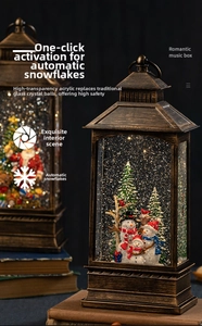 Close-up of vintage lantern music box with snowman family and automatic snow feature