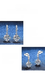 Detail view of round brilliant cut moissanite earrings with fine S925 silver polishing