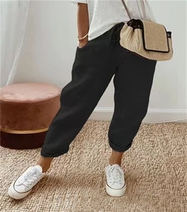 Damen Freizeithose aus Baumwolle und Leinen in Schwarz mit Taschen und Gummizug