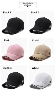 Collage of M-letter baseball caps in black, pink, khaki, and white with fashion embroidery