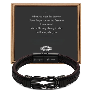 Men's brown braided leather bracelet with black infinity clasp and gift card