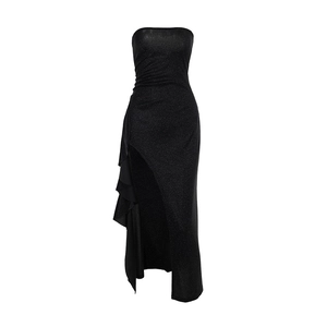 Sparkly black strapless long dress with high slit and elegant side ruffles