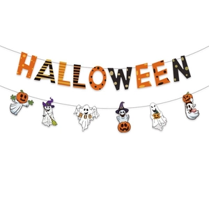Detail of Halloween banner set featuring orange and black letters with cartoon ghosts