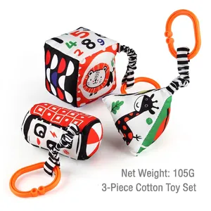 Three-piece infant sensory fabric toys with numbers and high-contrast black white red patterns