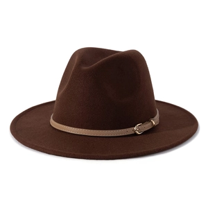 Detail of dark brown wool felt fedora with a slim leather band and golden metal buckle