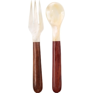 Elegant two-piece set featuring a natural mother-of-pearl shell spoon and fork with wood handles
