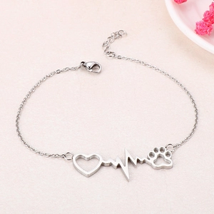 Silver stainless steel bracelet detail with heart, heartbeat wave and paw print charms