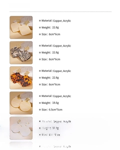 Detailed size and material chart for acrylic geometric earrings with copper components