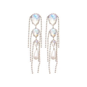 Silver tassel earrings with sparkling crystals and teardrop pearls on a white background