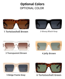 Six different color options for oversized square frame sunglasses in a 3x2 grid display