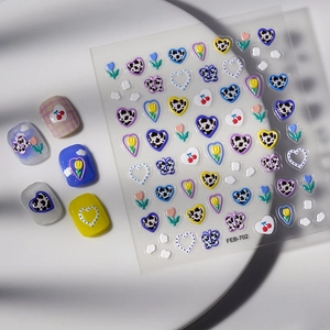 5D embossed nail art stickers with cow print hearts, tulips, and butterfly designs