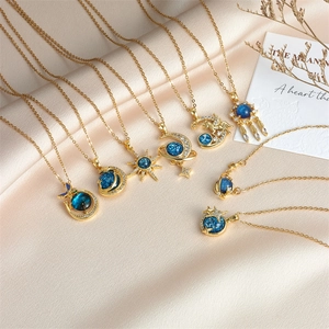 Dreamy Planet Pendant Necklace Copper Gold Plated Cosmic Starry Sky Blue Stone Rhinestone Moon Star Necklace For Women Jewelry