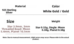 Size chart for 925 sterling silver star and moon screw back earrings with weight details