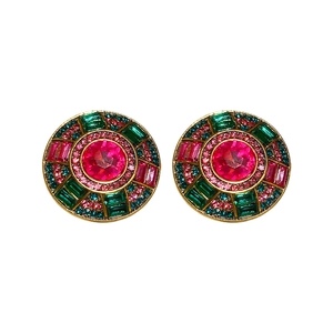 Vintage gold earrings set with pink round center stones and emerald cut green gems