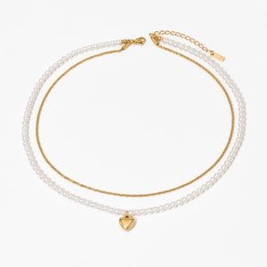 Stainless Steel Layered Necklace Heart Pendant Artificial Pearl Beaded Fashion Elegant Jewelry For Women Girls Accessories
