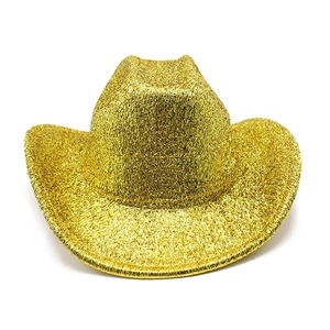 Detailed view of the sparkling gold sequins and texture on a western cowboy party hat