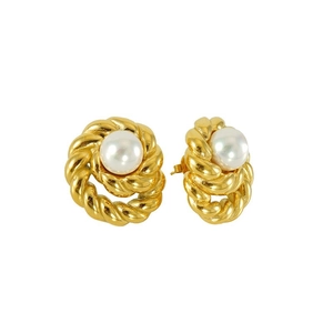 Golden twisted rope stud earrings with large white pearls shown from a 45-degree angle