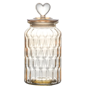 Amber ribbed glass storage jar with heart-shaped lid knob for snacks and tea