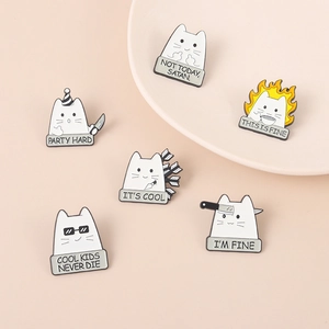 Funny Cartoon Cat Enamel Brooch Pin For Women Men Alloy Meme Lapel Pin Badge Backpack Clothes Decoration This Is Fine Party Hard Accessory