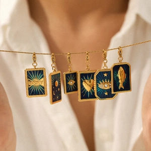 Tarot Card DIY Charms Pendants Stainless Steel Enamel Rhinestone Celestial Sun Moon Star Eye Heart Fish Vintage Women
