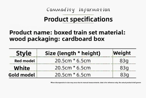 Size chart showing dimensions and 83g weight for the wooden Christmas train ornament
