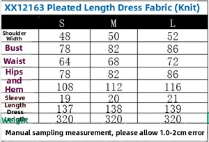 Detailed size chart for pleated maxi dress showing shoulder, bust and length dimensions