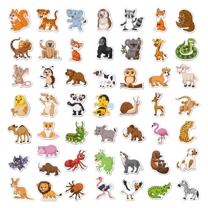 Detail showing 49 various waterproof cartoon animal stickers for kids stationery