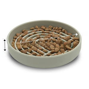 Detail view of the 7.5 inch silicone slow feeder pet bowl with dimensions and kibble