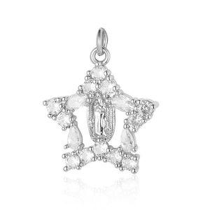 Detail of silver star pendant with cubic zirconia and a central Virgin Mary relief
