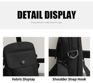 Detail of durable nylon fabric and metal shoulder strap hooks on the black crossbody bag