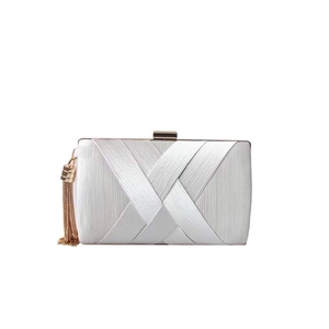 Elegant white satin clutch bag with pleated texture, gold frame, and side tassel detail