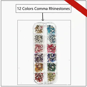12-color comma-shaped nail art rhinestones kit in a clear 12-grid storage box for DIY crafts