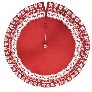 48 inch red knitted Christmas tree skirt with white snowflake and reindeer patterns
