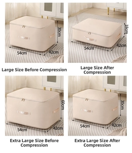 Detailed size comparison chart showing dimensions before and after vacuum compression