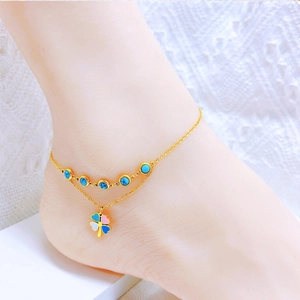 Bohemian gold double-layer anklet with turquoise beads and colorful clover pendant