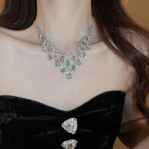 Close-up of model wearing silver tassel necklace with champagne teardrop crystals