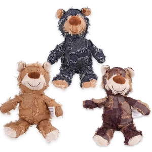 Three-piece frayed panda dog plush toys with squeaker for pet play, colorful knit design