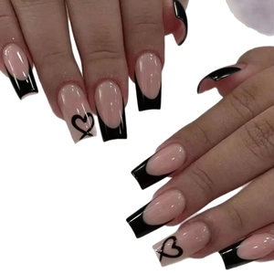 Classic French long square press-on nails with black heart accents and nude glossy finish