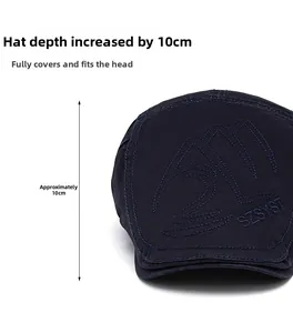 Detail of dark blue newsboy cap featuring 10cm deep fit and embroidery text