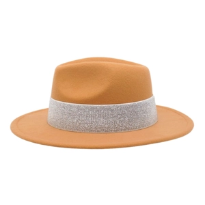 Classic camel wool fedora hat with flat brim and shimmering silver sequin band decoration