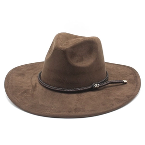 Detail of suede fedora with braided rope band and vintage silver western buckles