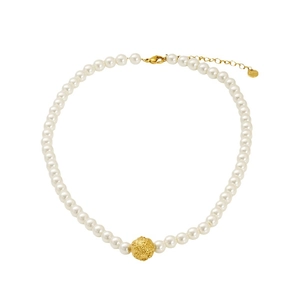 Elegant pearl necklace with a central gold textured metal ball and adjustable chain
